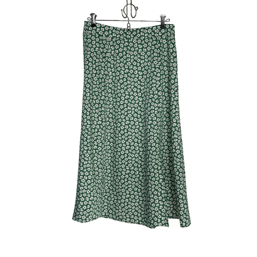 Loft Skirt Women's Sz 4 Green White Floral A Line Midi Front Split